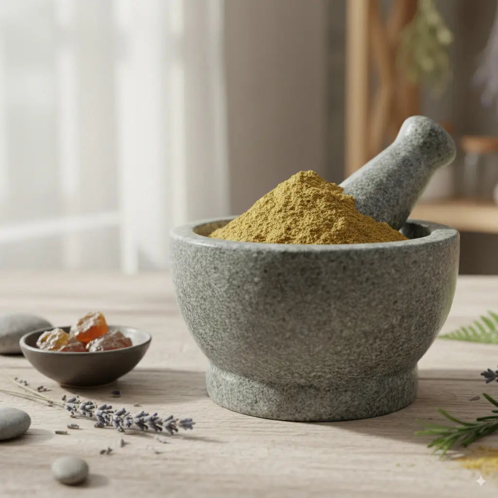 Encens d'Aloès en poudre (vert-jaunâtre) dans un mortier en granit gris avec pilon, entouré d'ambre en morceaux, de lavande et de galets décoratifs.