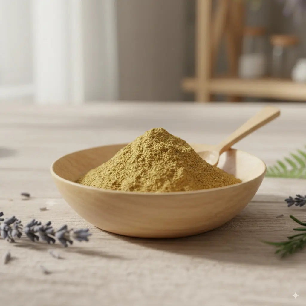 Encens d'Aloès en poudre de couleur vert olive, formant un monticule dans un bol en bois clair avec une cuillère, entouré de brins de lavande et de romarin.