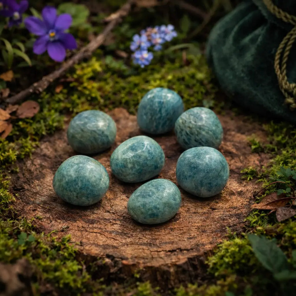Sept pierres d'amazonite polies d'un bleu-vert turquoise moucheté, disposées sur un socle en bois moussue avec un pochon vert en arrière-plan.