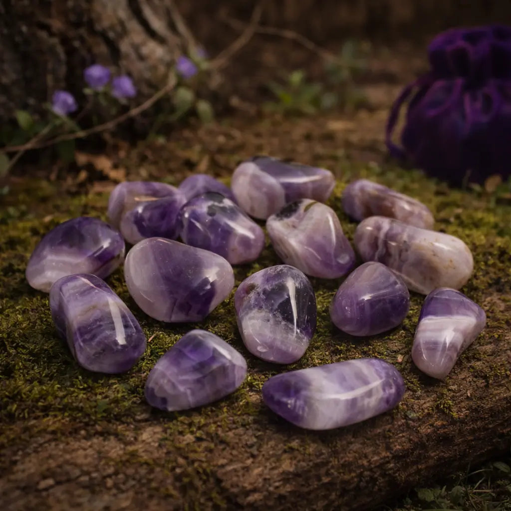 Sélection de pierres d'améthyste rubanée polies montrant des chevrons violets et blancs, disposées sur un tronc moussue avec un pochon violet en arrière-plan.