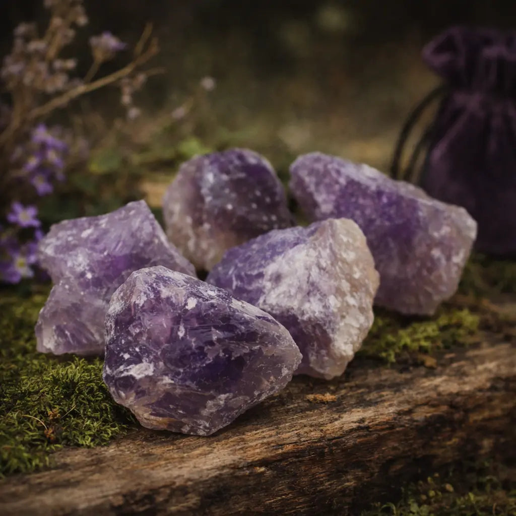 Plusieurs morceaux d'améthyste brute d'un violet intense avec des reflets cristallins, disposés sur un support en bois moussue avec un pochon en velours violet.