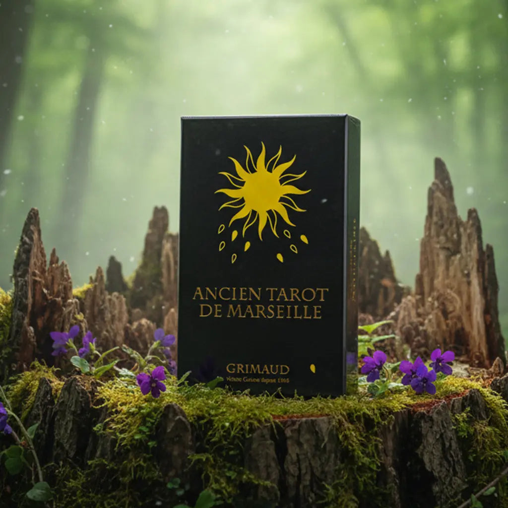 Coffret noir minimaliste Ancien Tarot de Marseille Coffret Luxe Or de Grimaud posé sur une souche, orné d'un soleil doré éclatant.