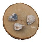 Trois morceaux d'angélite brute, présentant des teintes gris-bleu et des zones blanchâtres naturelles, disposés sur une tranche de bois clair.