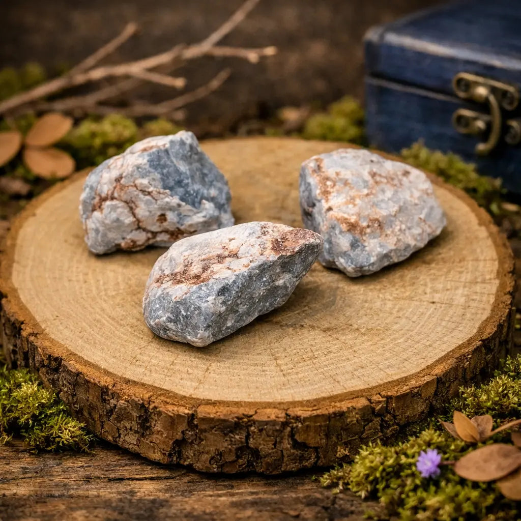 Blocs d'Angélite brute d'un bleu céleste poudré, révélant des veines minérales authentiques sur un socle de bois naturel pour une aura de douceur infinie.