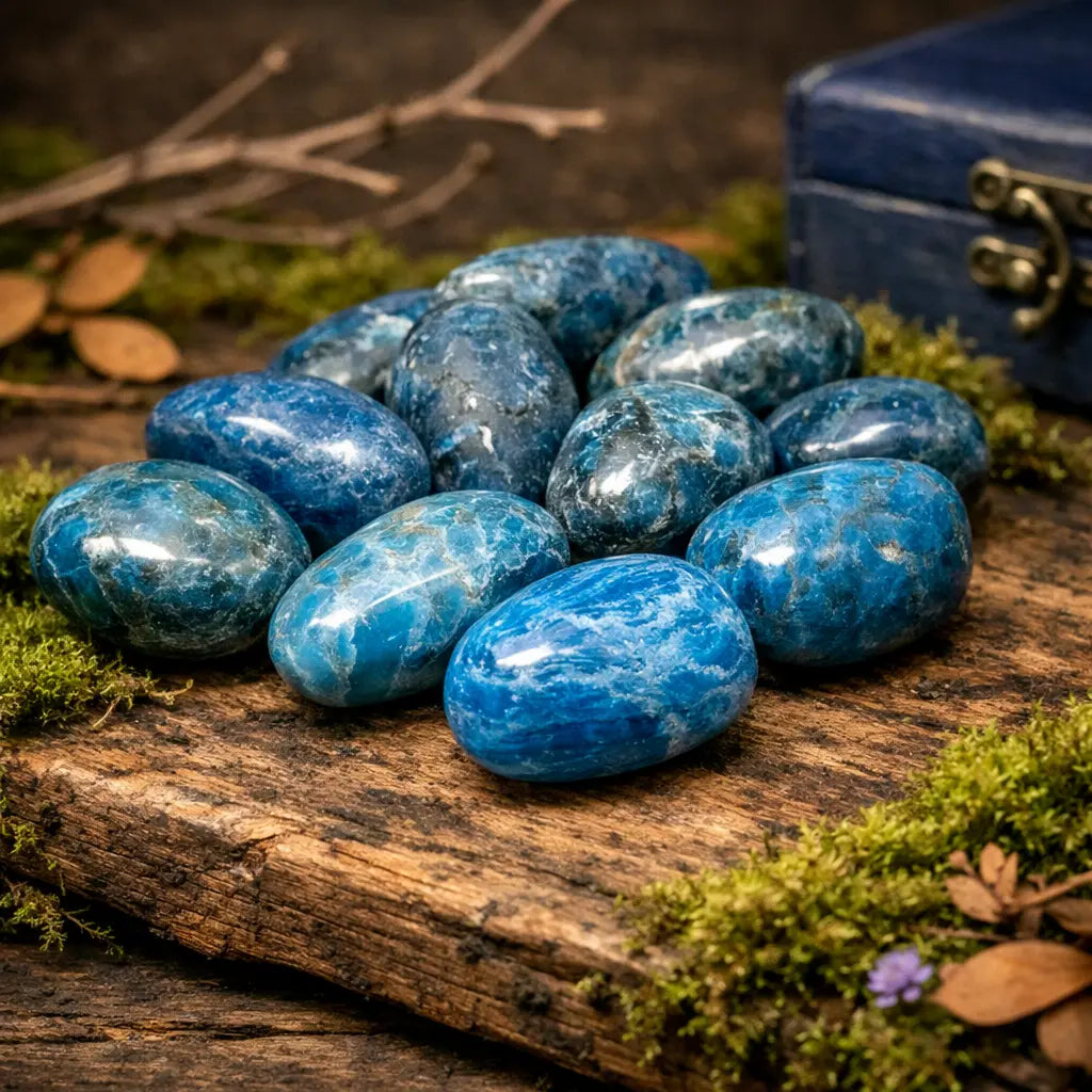 Pierres d'Apatite Bleue polies aux reflets océaniques profonds, disposées sur un bois antique moussue pour une atmosphère de sérénité et de sagesse.