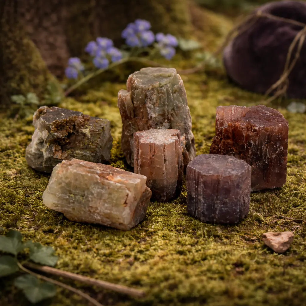 Sélection de cristaux d'aragonite maclés aux formes hexagonales et aux nuances brun-orangé, posés sur de la mousse en forêt.