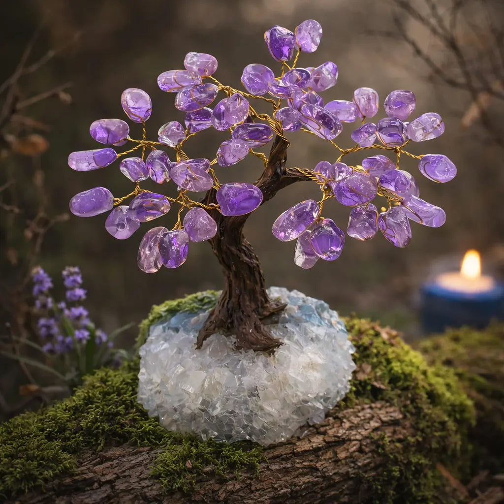 Arbre de vie décoratif avec un tronc brun texturé et des feuilles en pierres d'améthyste violettes, reposant sur une large base de cristaux blancs et violets.
