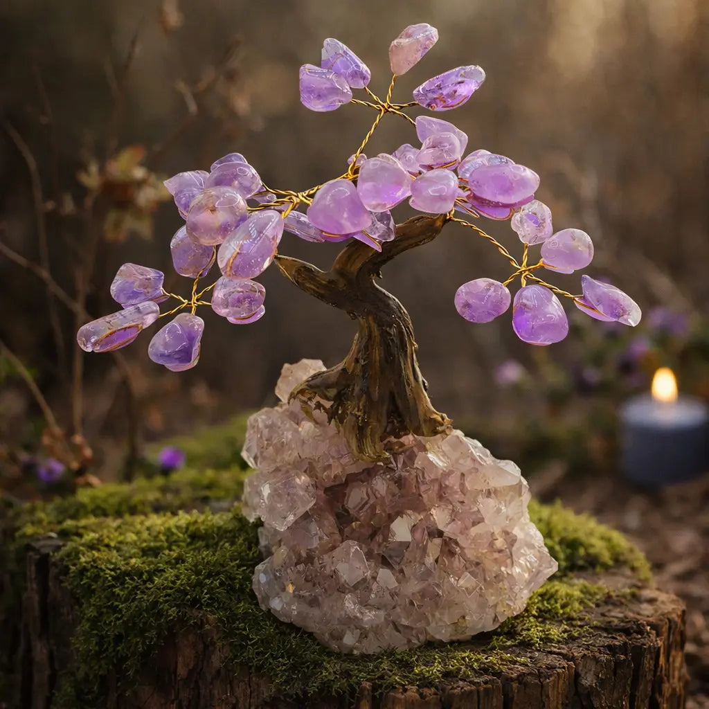 Arbre de vie artisanal de 15 cm avec des feuilles en améthyste violette et un tronc torsadé, reposant sur un socle de cristal brut sur une souche moussue.