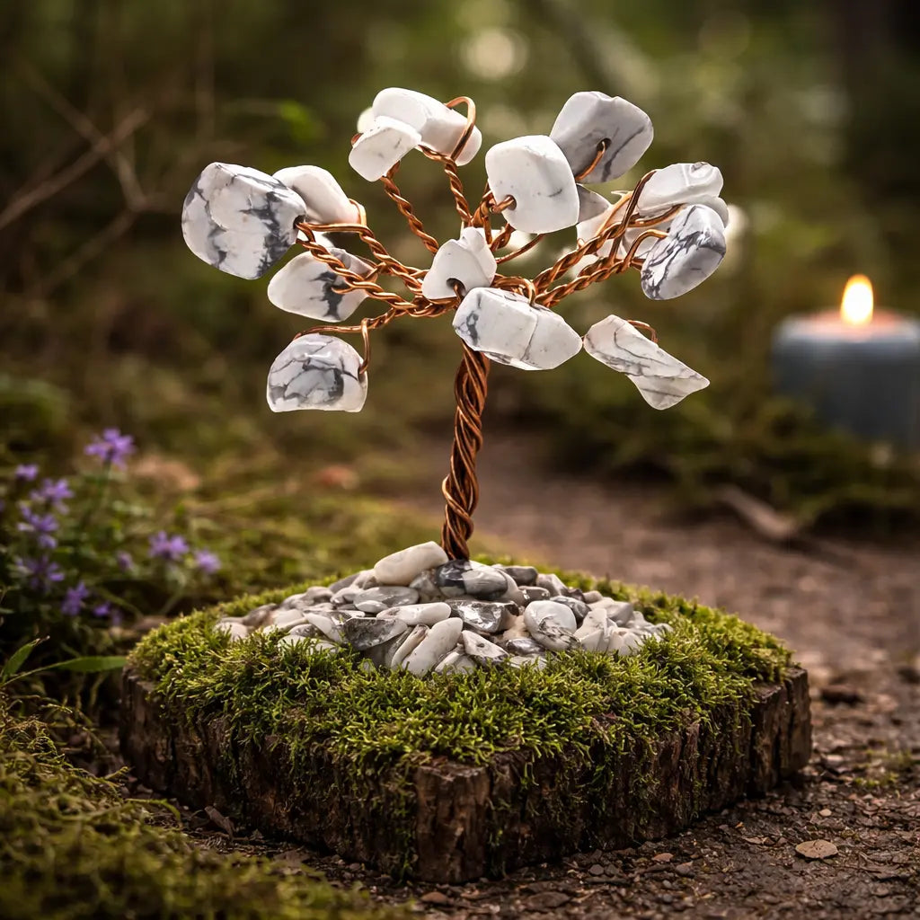 Arbre de vie miniature aux feuilles de howlite blanche marbrée de gris, tronc en cuivre torsadé sur un socle de pierres naturelles posé sur une souche de bois moussue.