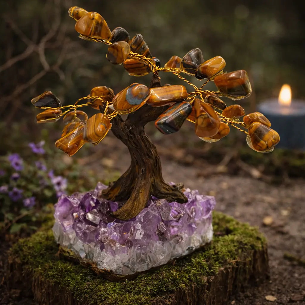 Sculpture artisanale d'un arbre de vie aux feuilles d'oeil de tigre chatoyantes, ancré sur une base d'améthyste violette dans un sous-bois mystique.