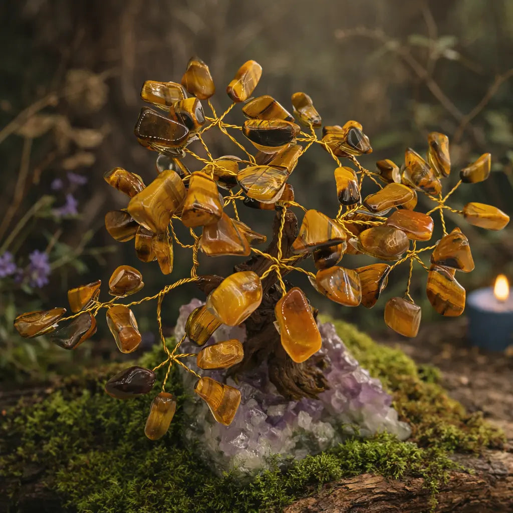 Arbre de vie majestueux aux feuilles d'oeil de tigre chatoyantes sur un tronc sculpté, ancré dans une base d'améthyste violette au cœur d'une forêt sauvage.