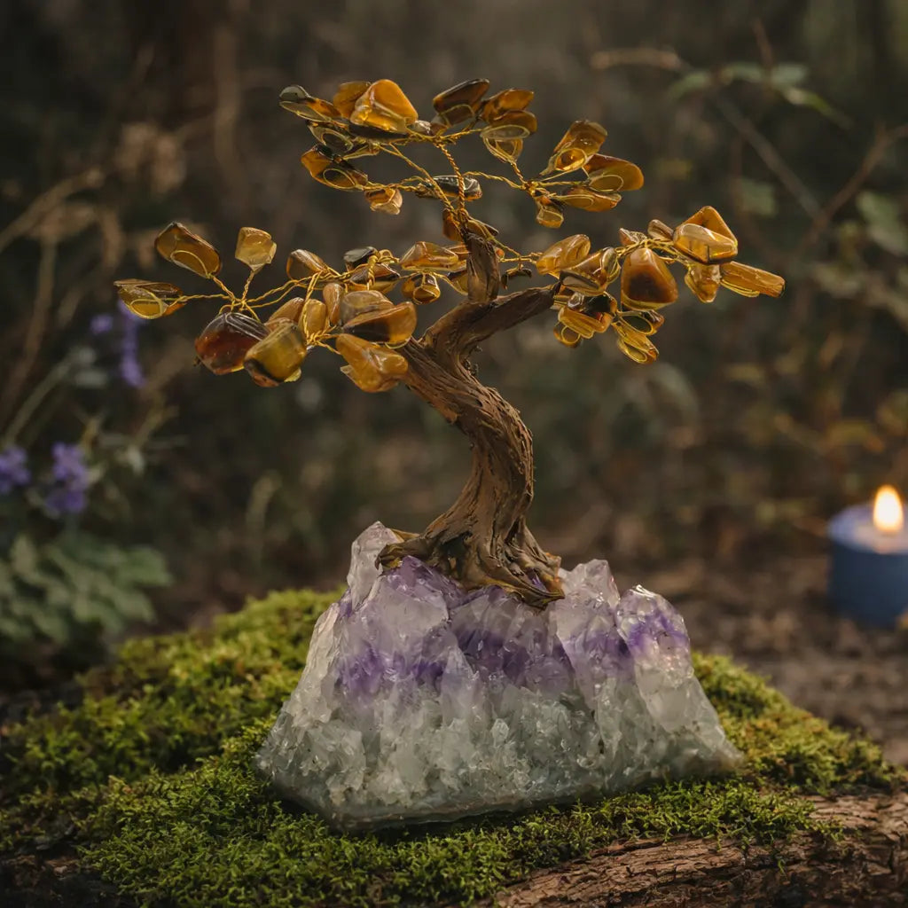 Un arbre du bonheur décoratif avec des feuilles en œil de tigre et un tronc sculpté, s'élevant d'un socle en amas d'améthyste, mis en scène sur une souche moussue dans une ambiance de sous-bois mystique.