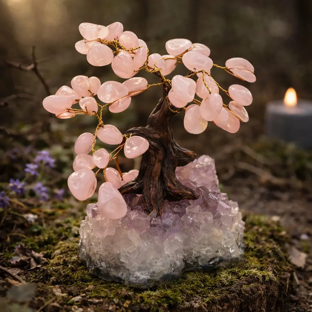 Arbre de vie majestueux aux feuilles de quartz rose poli sur un tronc sculptural, ancré dans un socle de cristal d'améthyste violette au cœur d'une forêt mystique.
