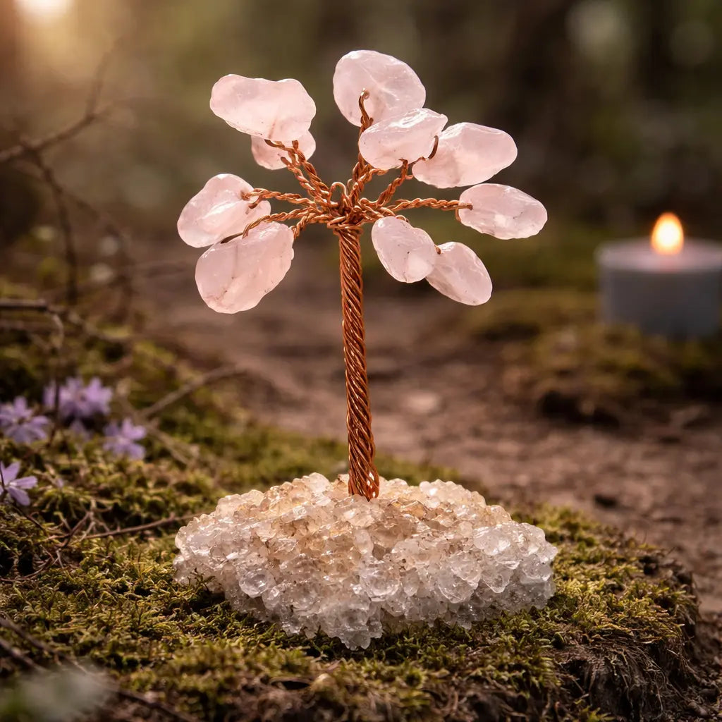Miniature d'un arbre de vie aux feuilles de quartz rose translucide sur un tronc de cuivre, s'élevant d'un socle de cristal de roche brut sur un tapis de mousse forestière.