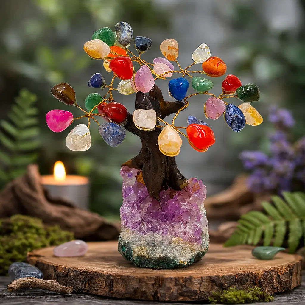 Arbre de vie décoratif aux branches dorées ornées de multiples pierres colorées, reposant sur une base d'améthyste brute, avec une bougie allumée en arrière-plan.