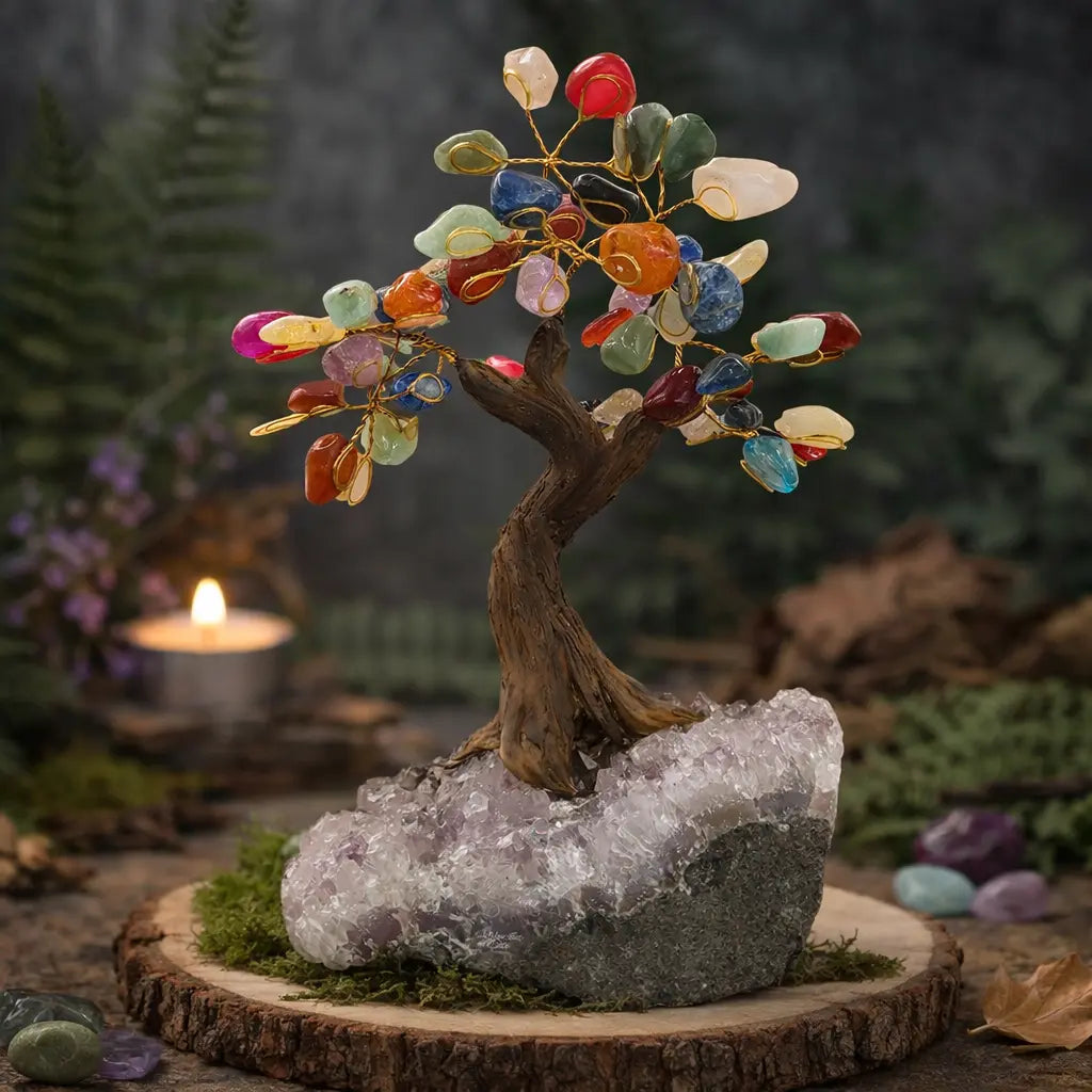 Grand arbre de vie décoratif aux branches dorées ornées de pierres multicolores, s'élevant d'un socle massif en améthyste brute sur une tranche de bois.