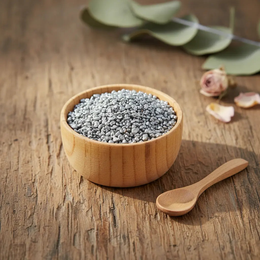 Grains d'encens de résine Argent, de couleur gris métallisé brillant, dans un petit bol en bois avec cuillère, sur une planche de bois rustique.