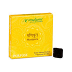 Encens en briques Aromafume, emballage jaune Manipura avec mentions « Seven Chakras » et « Solar Plexus Chakra 9 Incense Bricks », brique noire à côté.