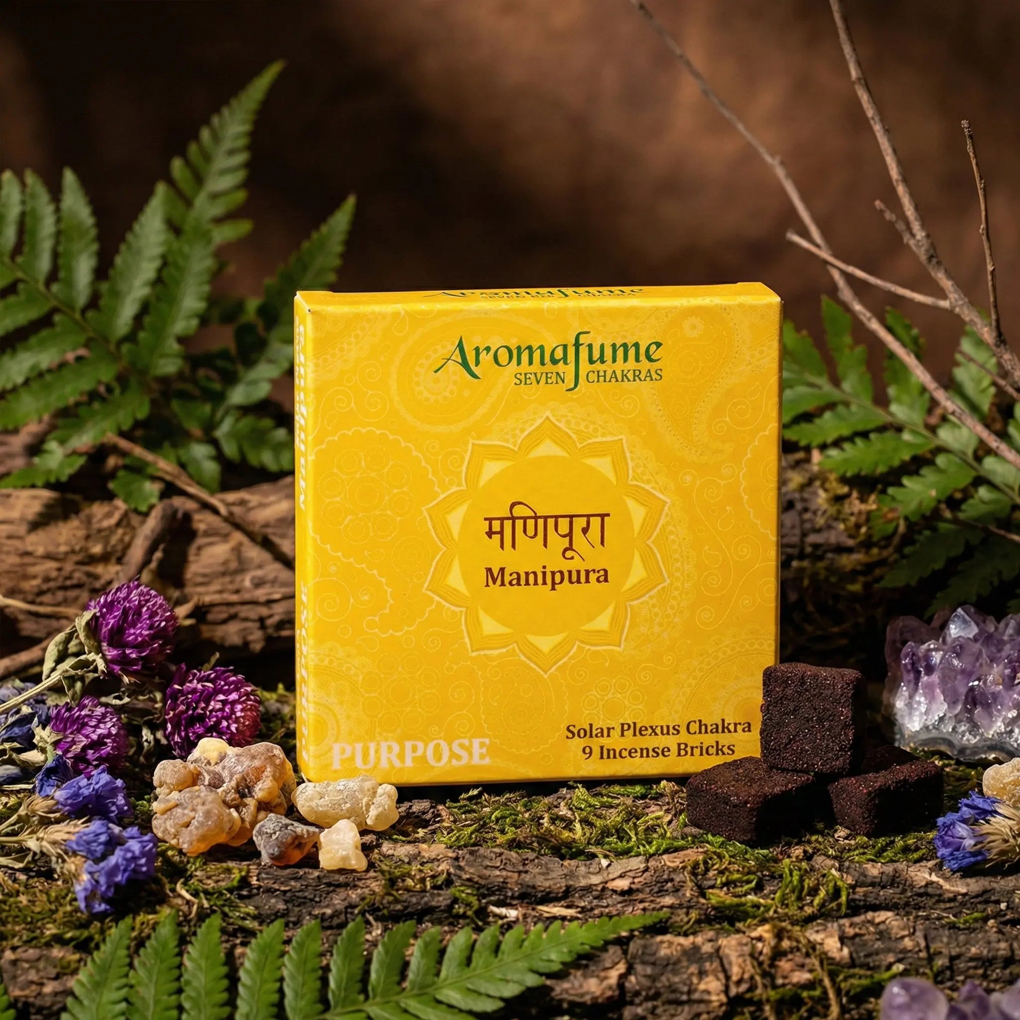 Boîte jaune solaire Briques d'Encens Chakra 3 Plexus Solaire Manipura avec carrés d'encens sur bois pour rituel