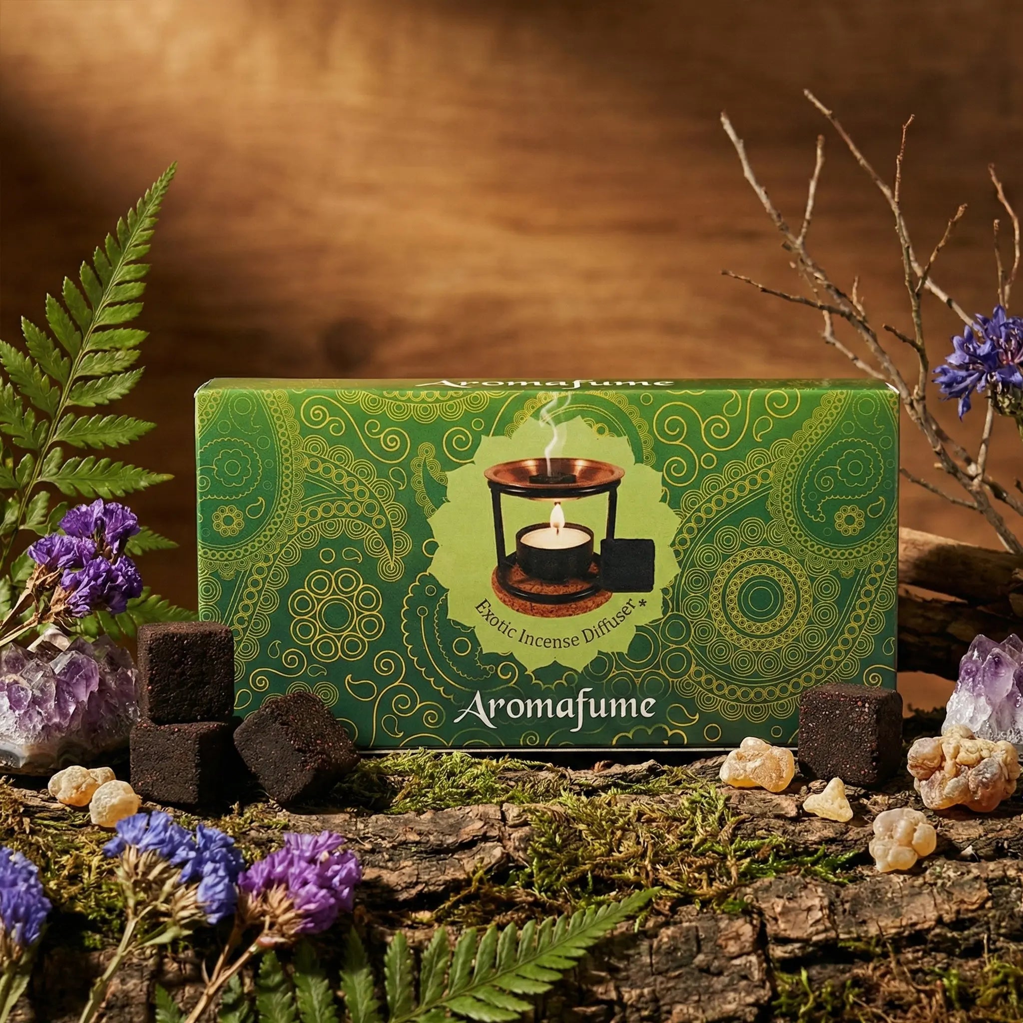 Boîte verte nature Aromafume - Briques d'Encens Forest Dew avec carrés d'encens posés sur écorce et fougère pour rituel