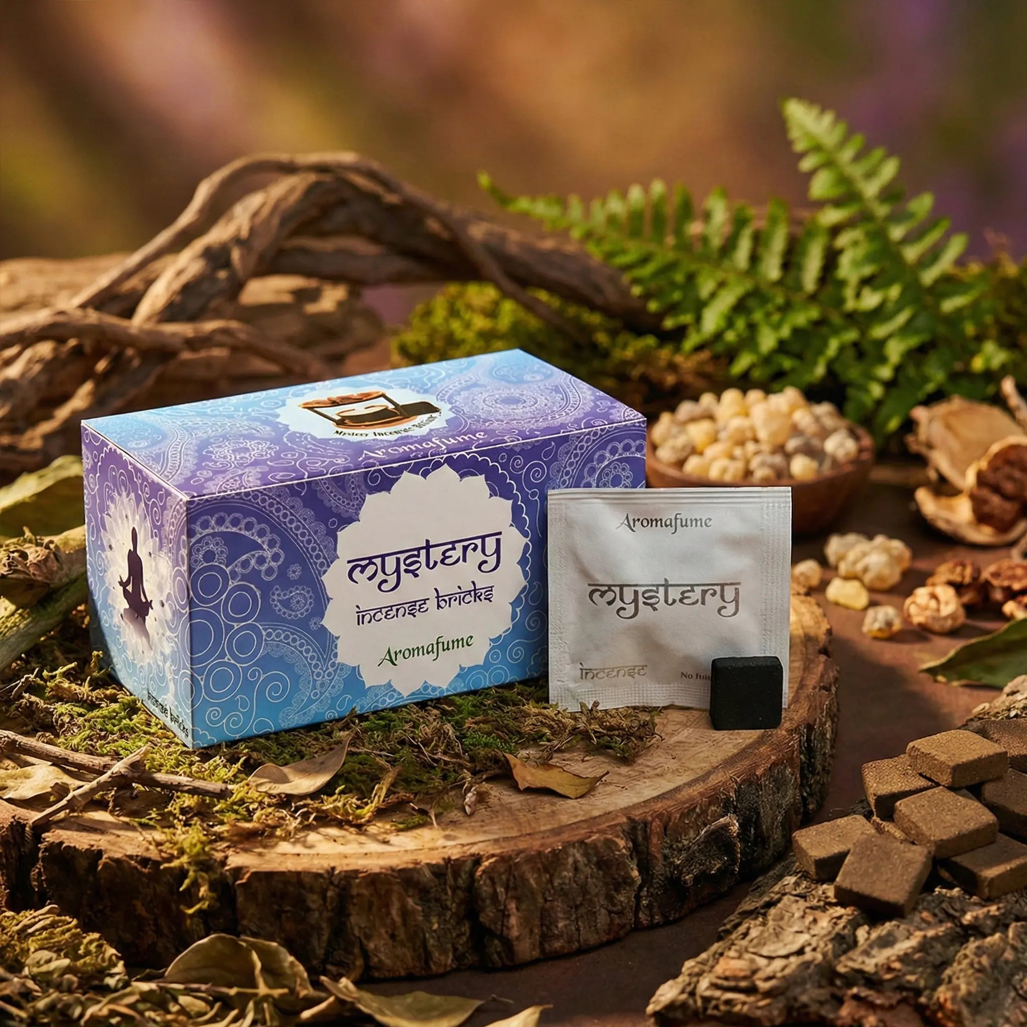 Encens en briques Aromafume, boîte bleue « Mystery incense bricks » et sachet « Mystery », cube noir et briques brunes sur décor bois.