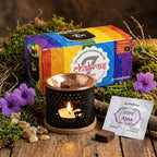 Coffret complet Aromafume avec Brûle Encens Exotic Om noir et doré + Briques d'Encens multicolores pour les 7 chakras