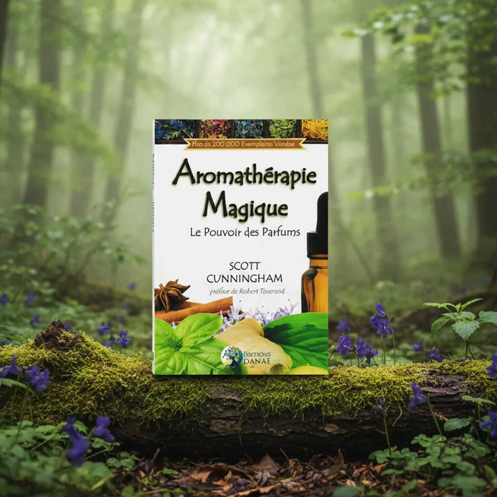 Livre Aromathérapie Magique : Le pouvoir des parfums de Scott Cunningham posé sur une souche moussue, illustré d'un flacon compte-gouttes ambré, d'anis étoilé, de cannelle, de basilic et de gingembre.
