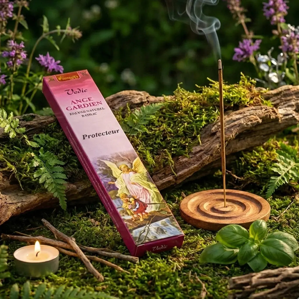 Boîte d'encens Ange Gardien Aromatika de couleur rose violine posée sur un tronc moussu en forêt, accompagnée d'un bâtonnet fumant, d'une bougie et de feuilles de basilic frais.