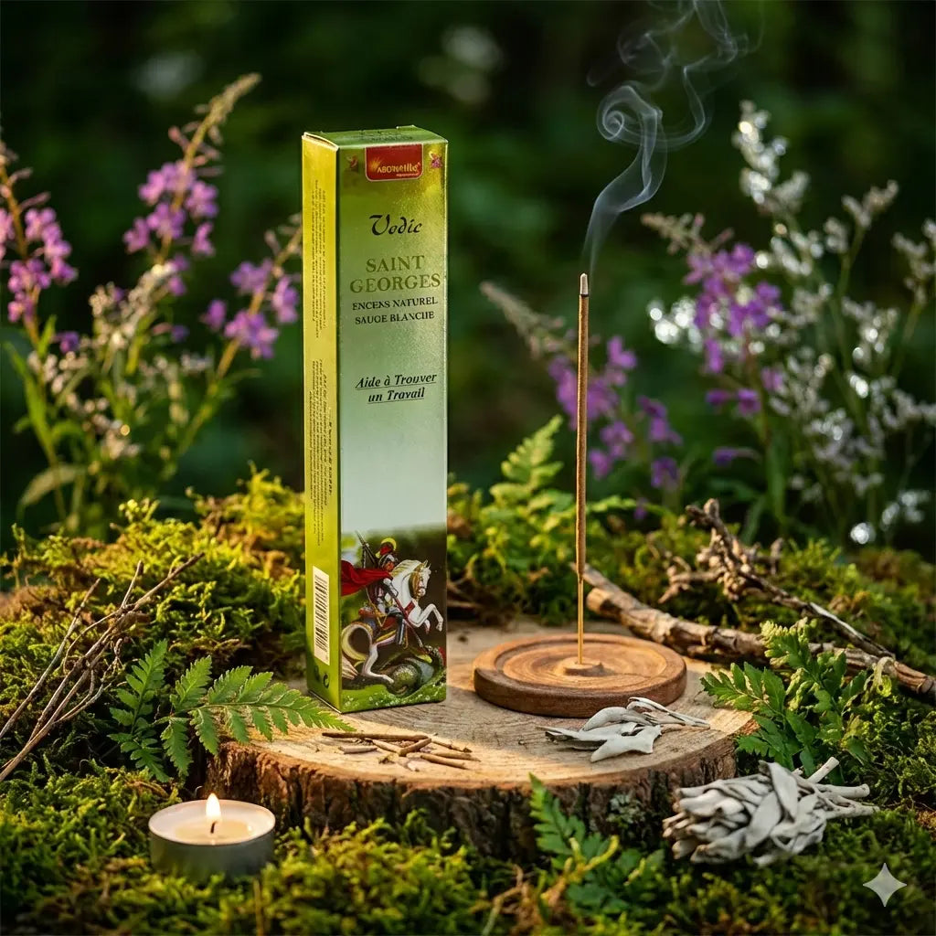 Boîte d'encens Saint Georges Aromatika de couleur verte, posée sur une tranche de bois dans une forêt, entourée de sauge blanche séchée, d'une bougie et d'un bâtonnet fumant.