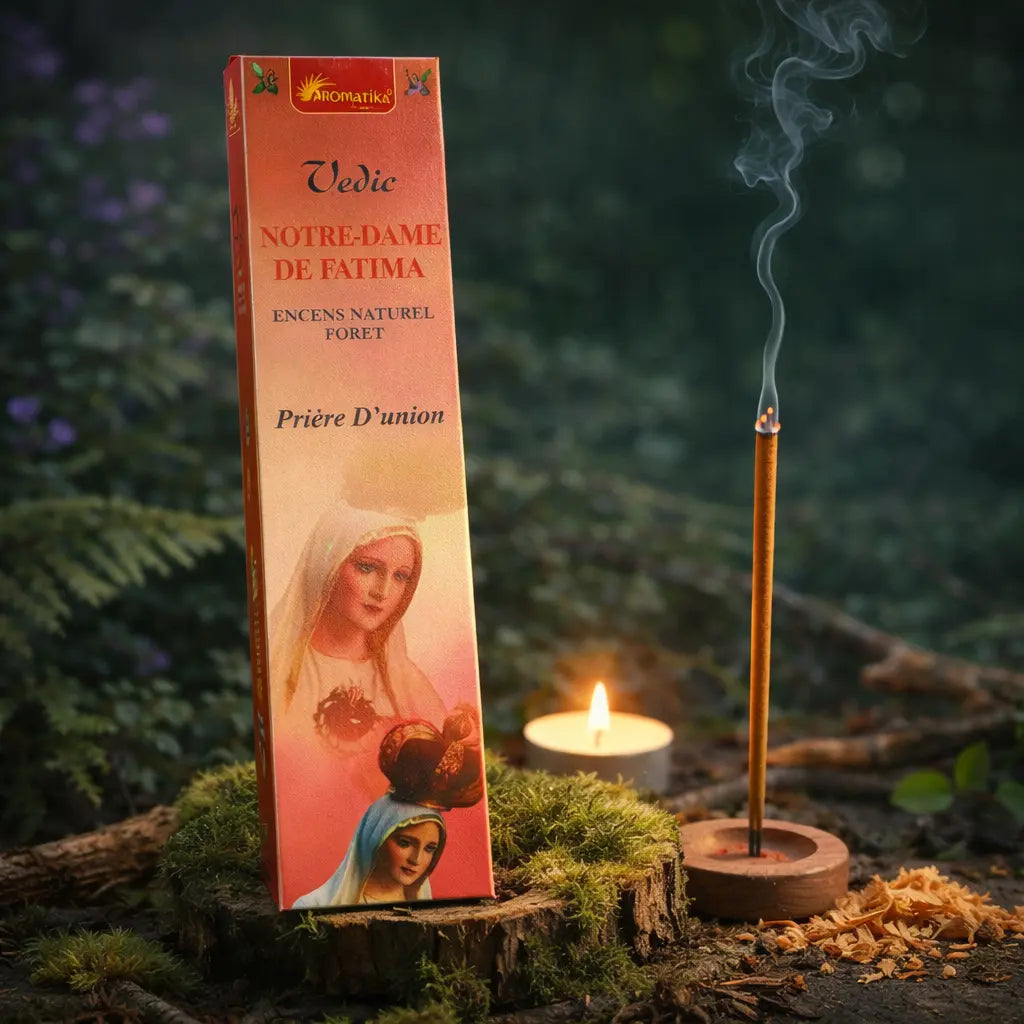 Boîte d'encens orange Notre Dame de Fatima Aromatika posée sur une souche boisée en forêt, avec un bâtonnet fumant, une bougie et des copeaux de bois naturels.