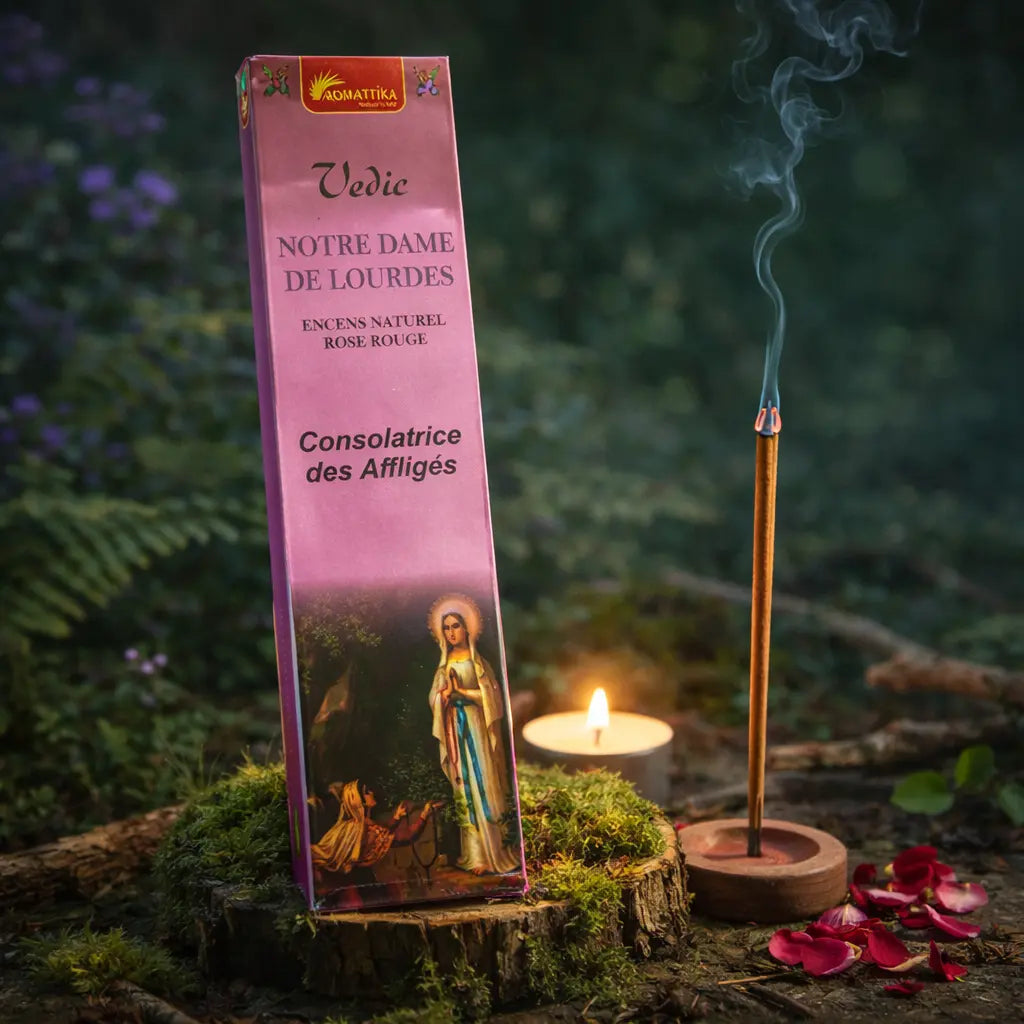 Boîte d'encens rose Notre Dame de Lourdes Aromatika posée sur un socle de mousse en forêt, avec un bâtonnet fumant, une bougie et des pétales de fleurs rouges éparpillés.