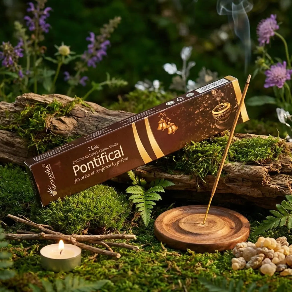 Boîte d'encens Pontifical Aromatika posée sur de la mousse naturelle en forêt avec un bâtonnet fumant sur un support en bois et une bougie chauffe-plat.