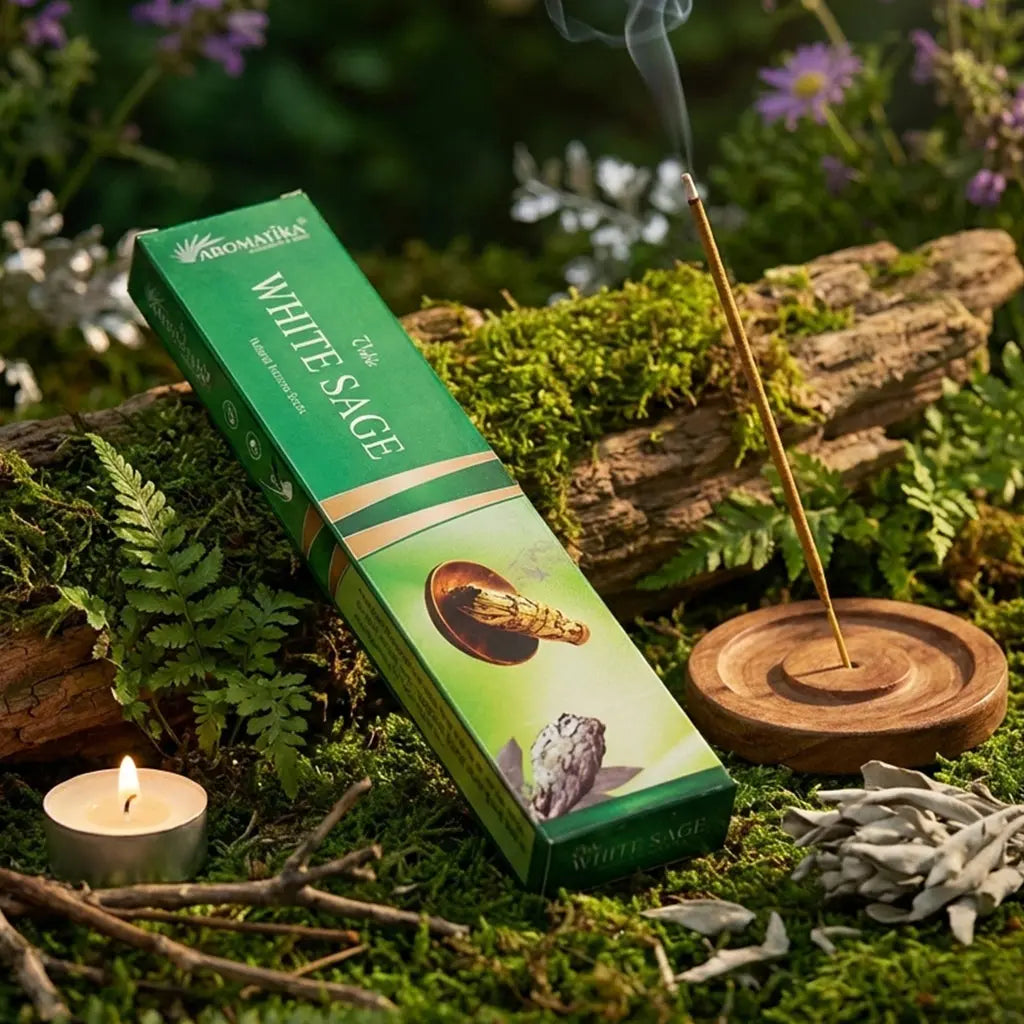 Boîte d'encens Sauge Blanche Aromatika d'un vert profond posée sur un tronc moussu en forêt, à côté d'un bâtonnet fumant sur son support et d'un bouquet de sauge séchée.