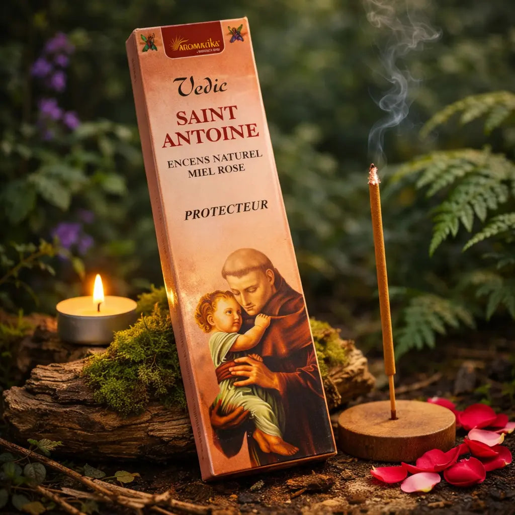 Boîte d'encens Saint Antoine Aromatika de couleur pêche illustrée du Saint protecteur, posée sur une souche moussue en forêt avec un bâtonnet fumant et des pétales de roses rouges.