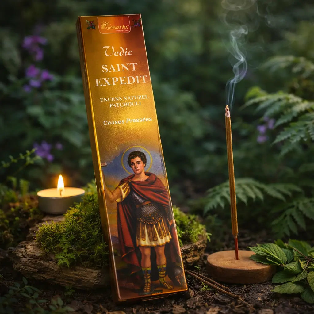 Boîte dorée d'encens Saint Expédit Aromatika illustrée du Saint légionnaire, déposée sur une souche moussue en forêt avec un bâtonnet fumant et une bougie allumée.