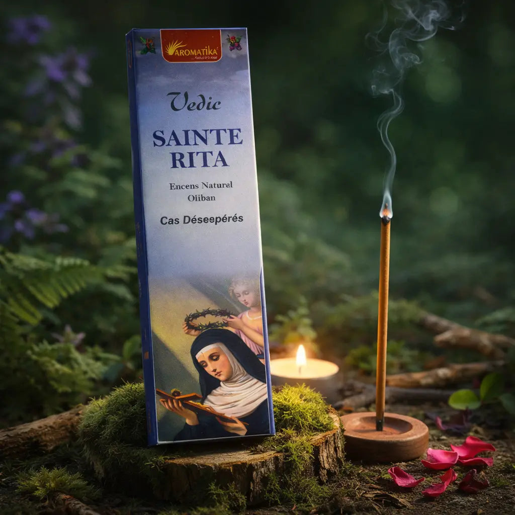 Boîte d'encens Sainte Rita Aromatika de couleur bleue, posée sur un socle de bois et mousse en forêt, accompagnée d'un bâtonnet fumant, d'une bougie et de pétales de roses rouges.