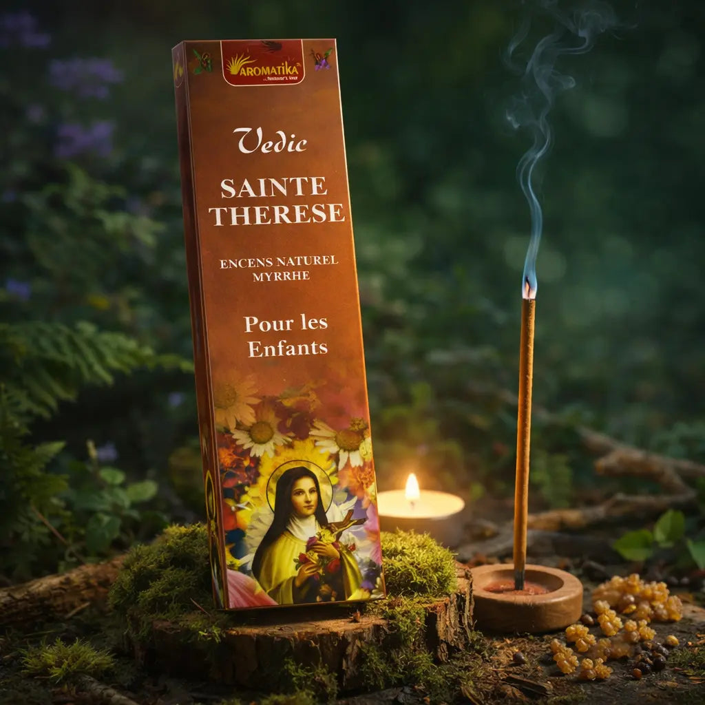 Boîte d'encens Sainte Thérèse Aromatika illustrée de fleurs, posée sur un socle de bois moussu dans une forêt mystique avec une bougie et de la résine de myrrhe.
