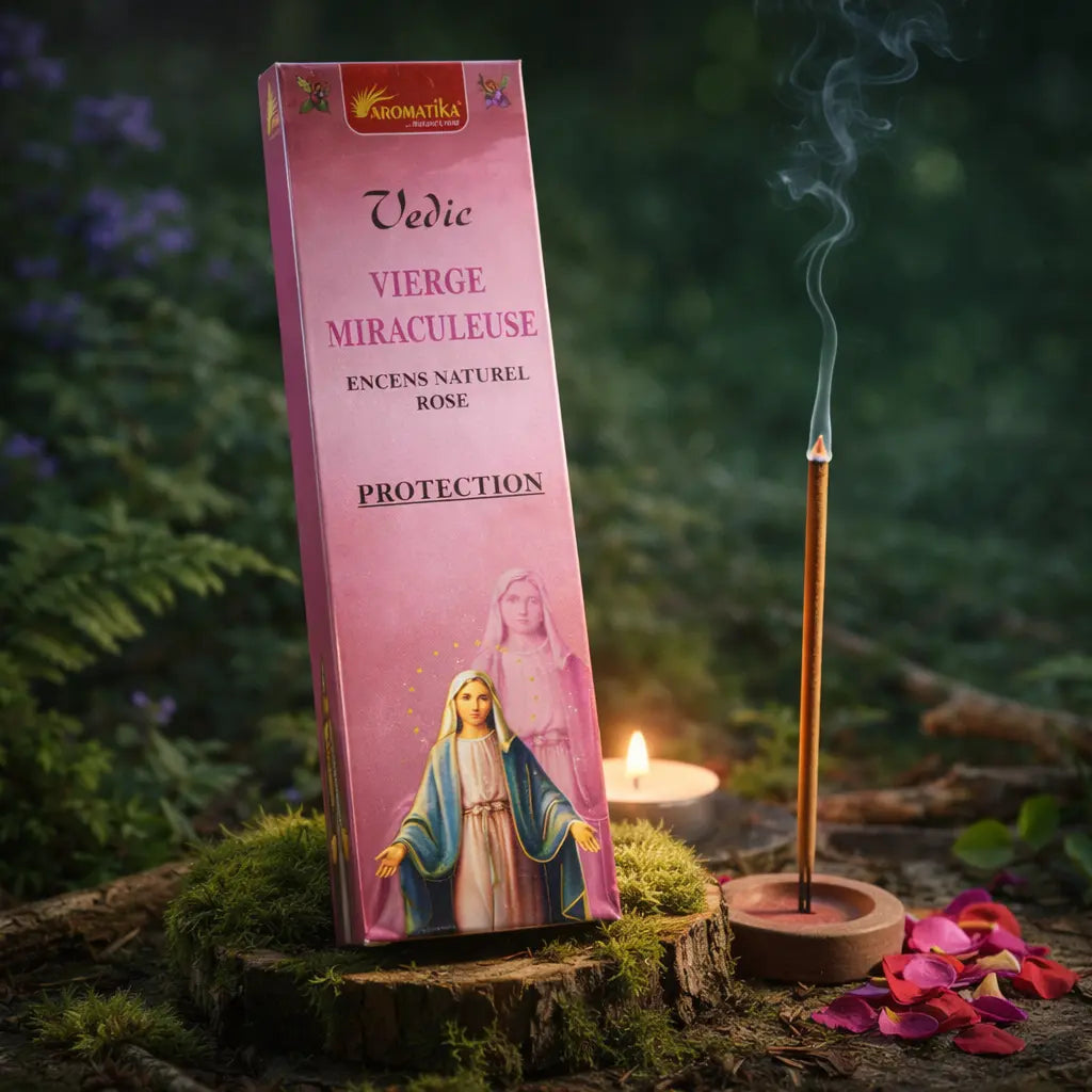Boîte rose d'encens Vierge Miraculeuse Aromatika posée sur une souche boisée, entourée de pétales de fleurs roses, d'une bougie et d'un bâtonnet fumant vers le ciel.