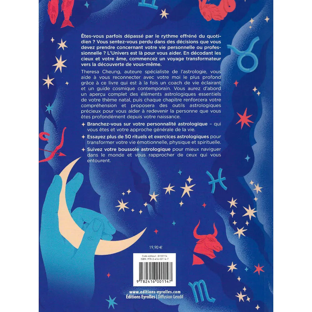 Quatrième de couverture du livre Découvrir les pouvoirs de l'astrologie avec résumé et rituels sur fond étoilé.