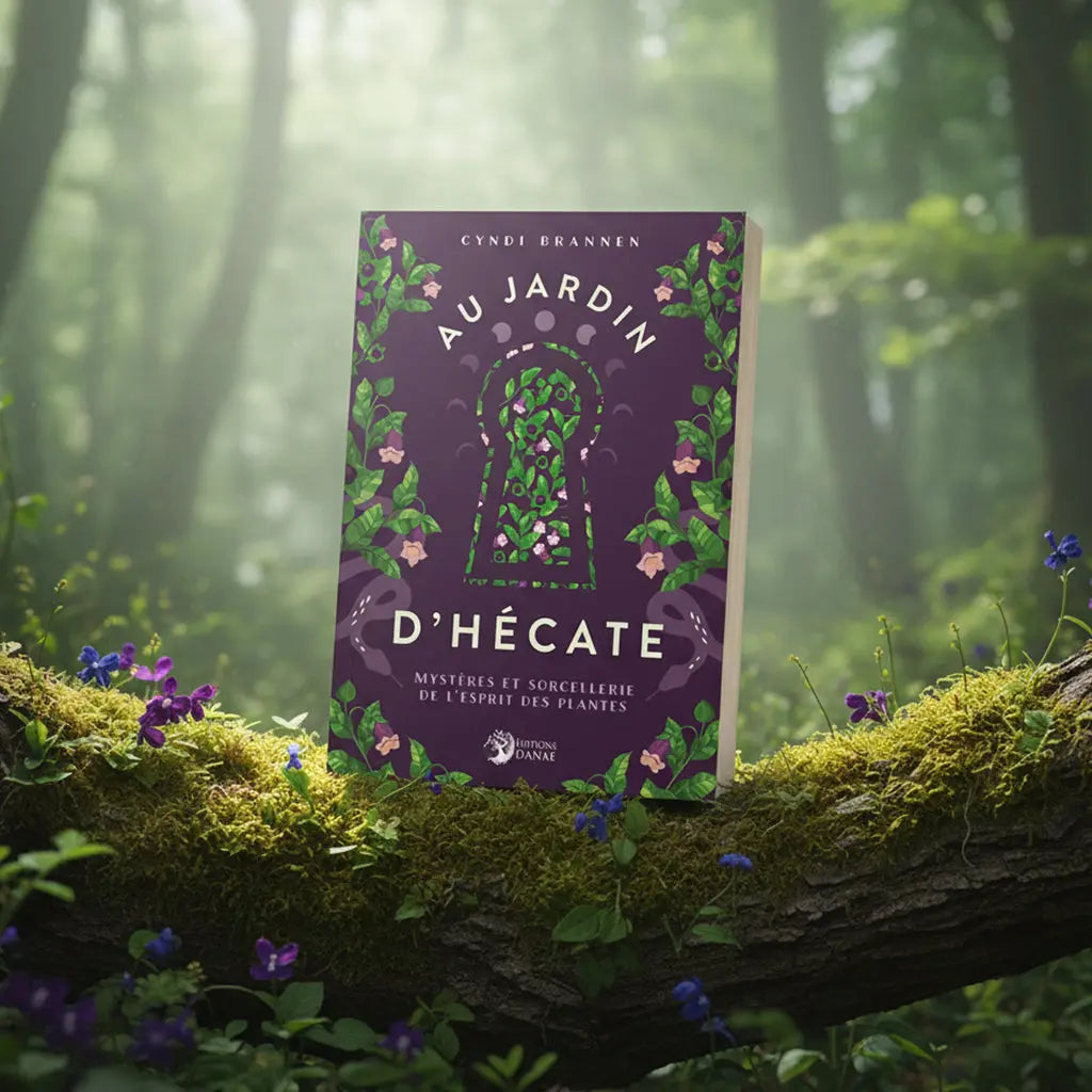 Livre violet Au Jardin d'Hécate de Cyndi Brannen posé sur une branche moussue, illustré d'une serrure végétale composée de feuilles vertes et de fleurs roses.