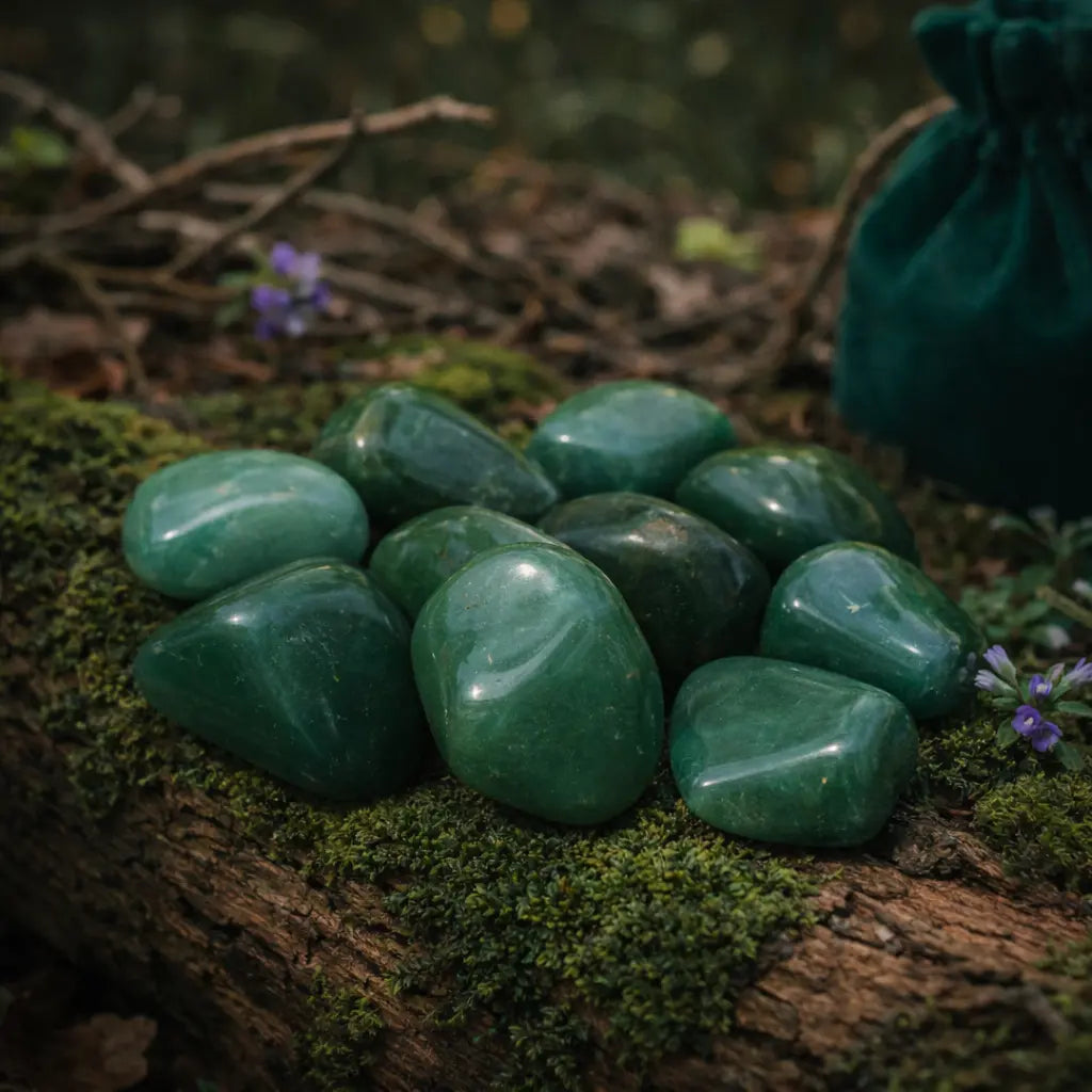 Un groupe de pierres d'aventurine verte roulées aux nuances vert forêt et aux surfaces lisses, disposé sur une branche moussue dans un décor de sous-bois naturel.