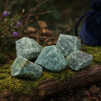 Plusieurs fragments d'aventurine brute d'un vert tendre et granuleux, disposés sur une branche d'arbre moussue avec un pochon de velours bleu en arrière-plan.