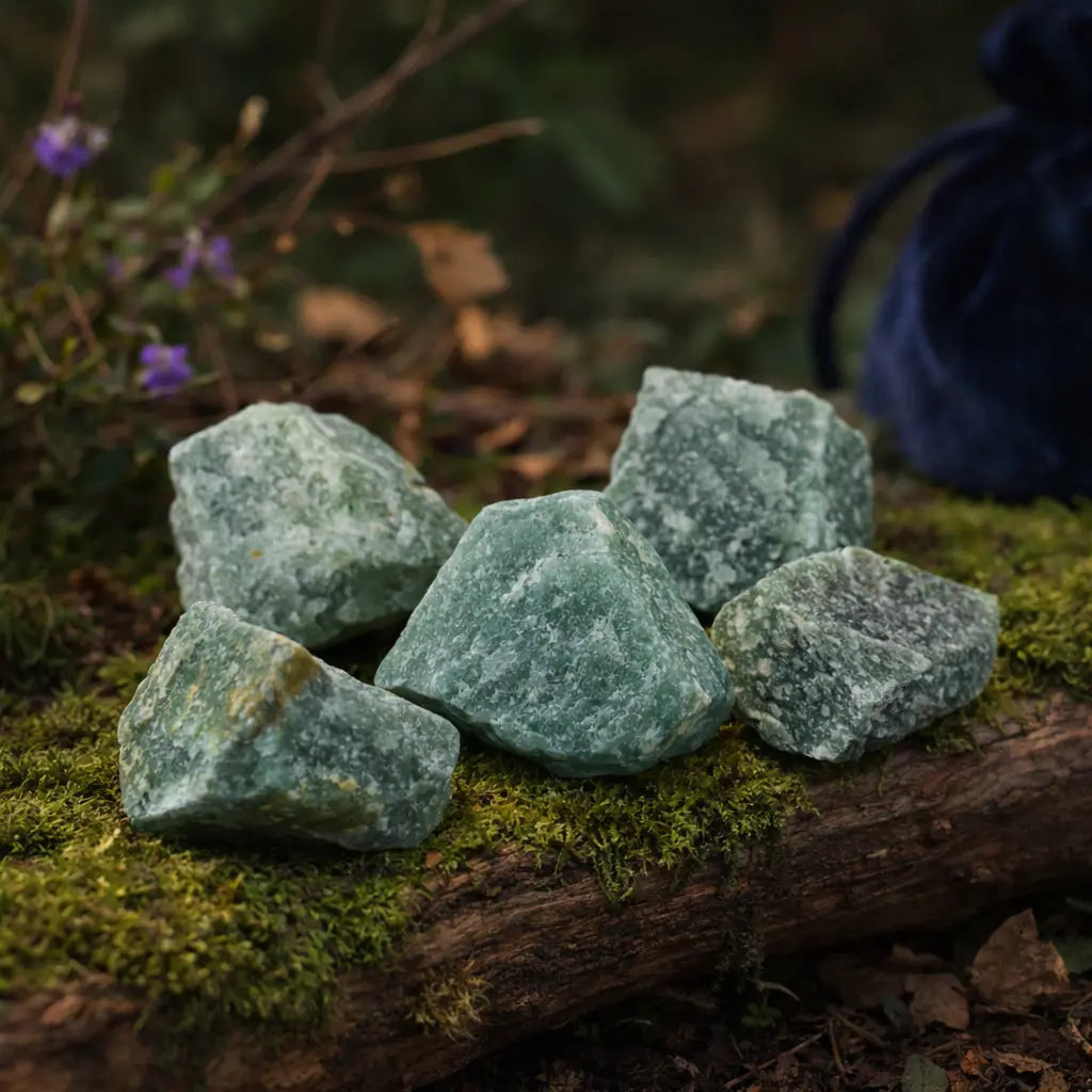 Plusieurs fragments d'aventurine brute d'un vert tendre et granuleux, disposés sur une branche d'arbre moussue avec un pochon de velours bleu en arrière-plan.