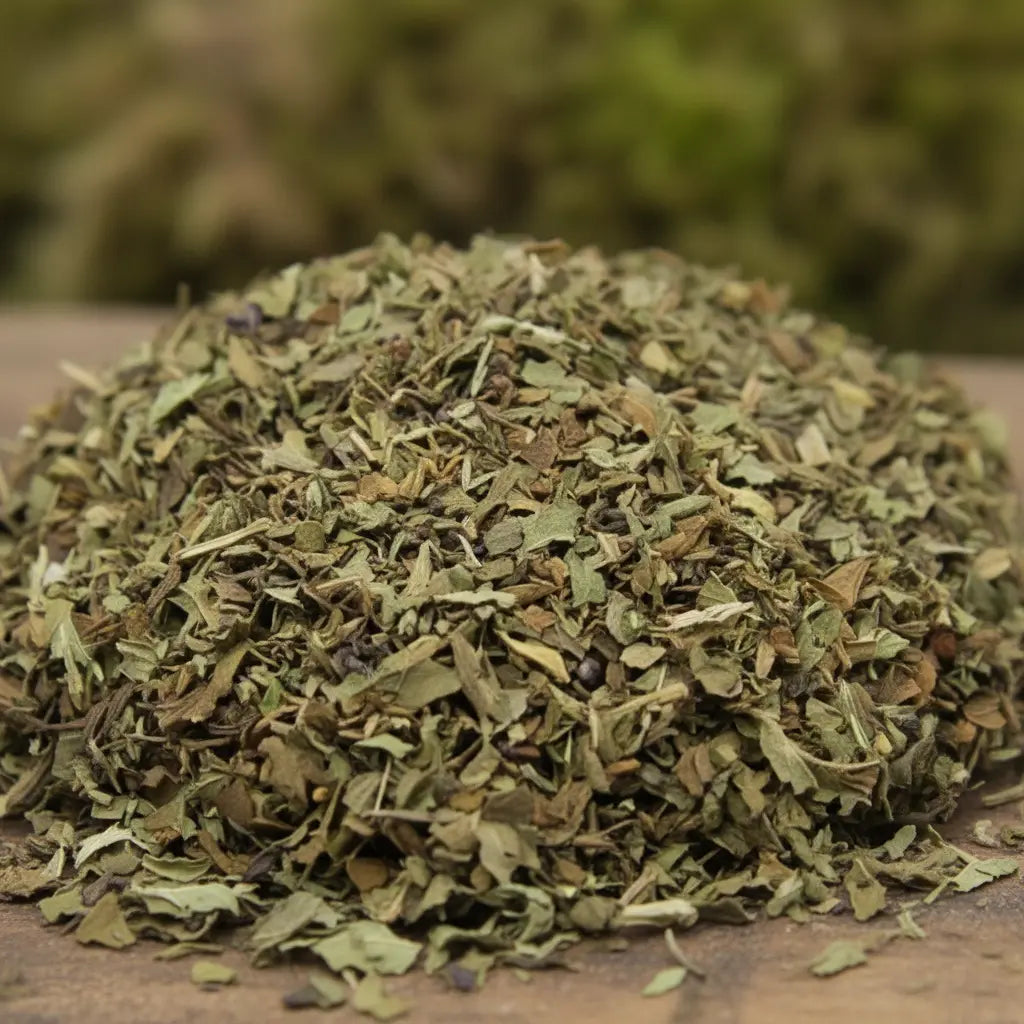 Basilic de fumigation en feuilles séchées vertes en tas, gros plan