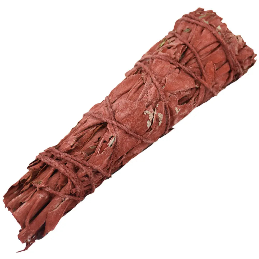 Bâton purificateur mini sauge sang de dragon, fagot de feuilles rouges ficelées de corde rouge sur fond blanc.