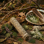 Bâton de fumigation 3 déesses en herbes séchées beige ficelées, posé sur bois avec feuilles, coquille d’ormeau et plume rituelle.