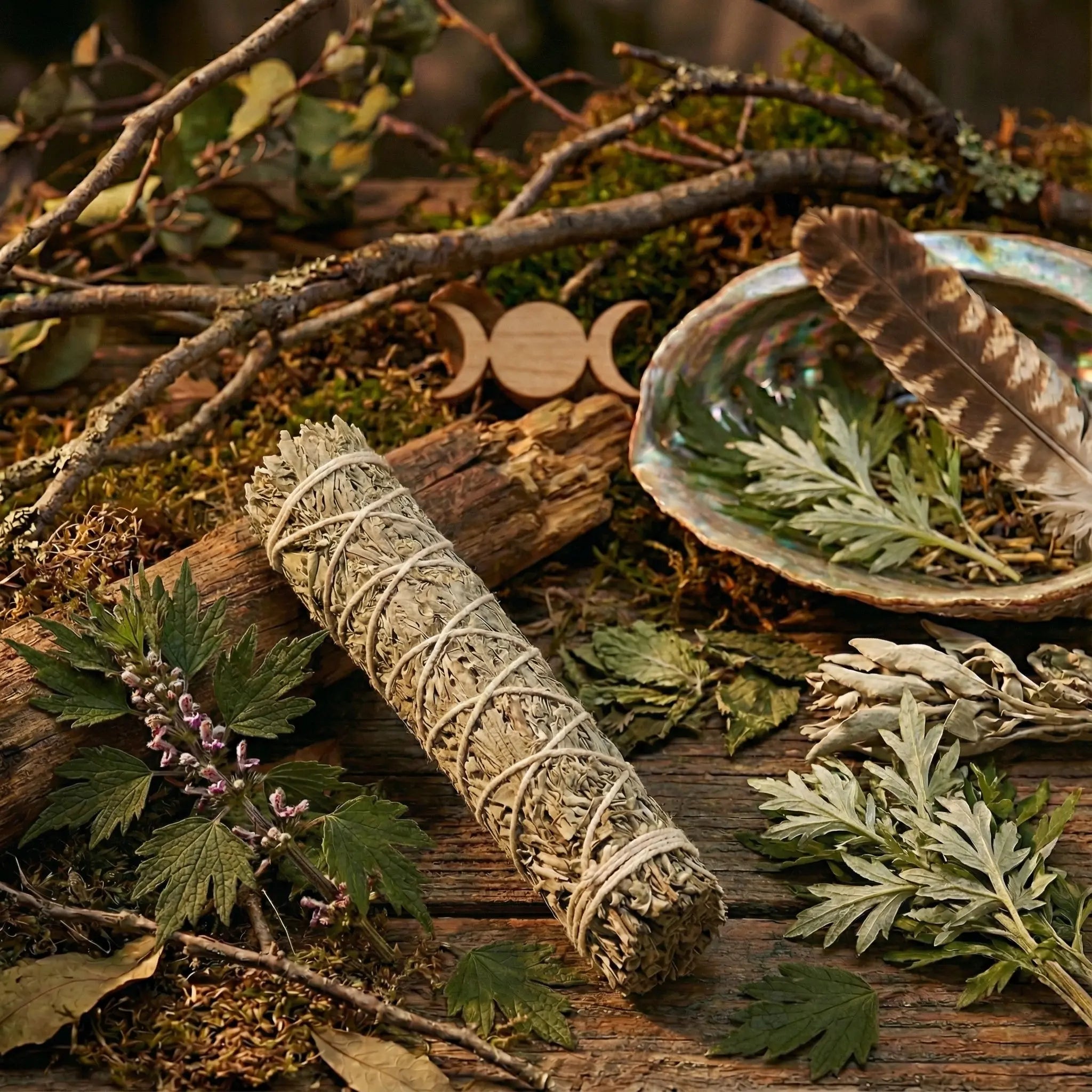 Bâton de fumigation 3 déesses en herbes séchées beige ficelées, posé sur bois avec feuilles, coquille d’ormeau et plume rituelle.