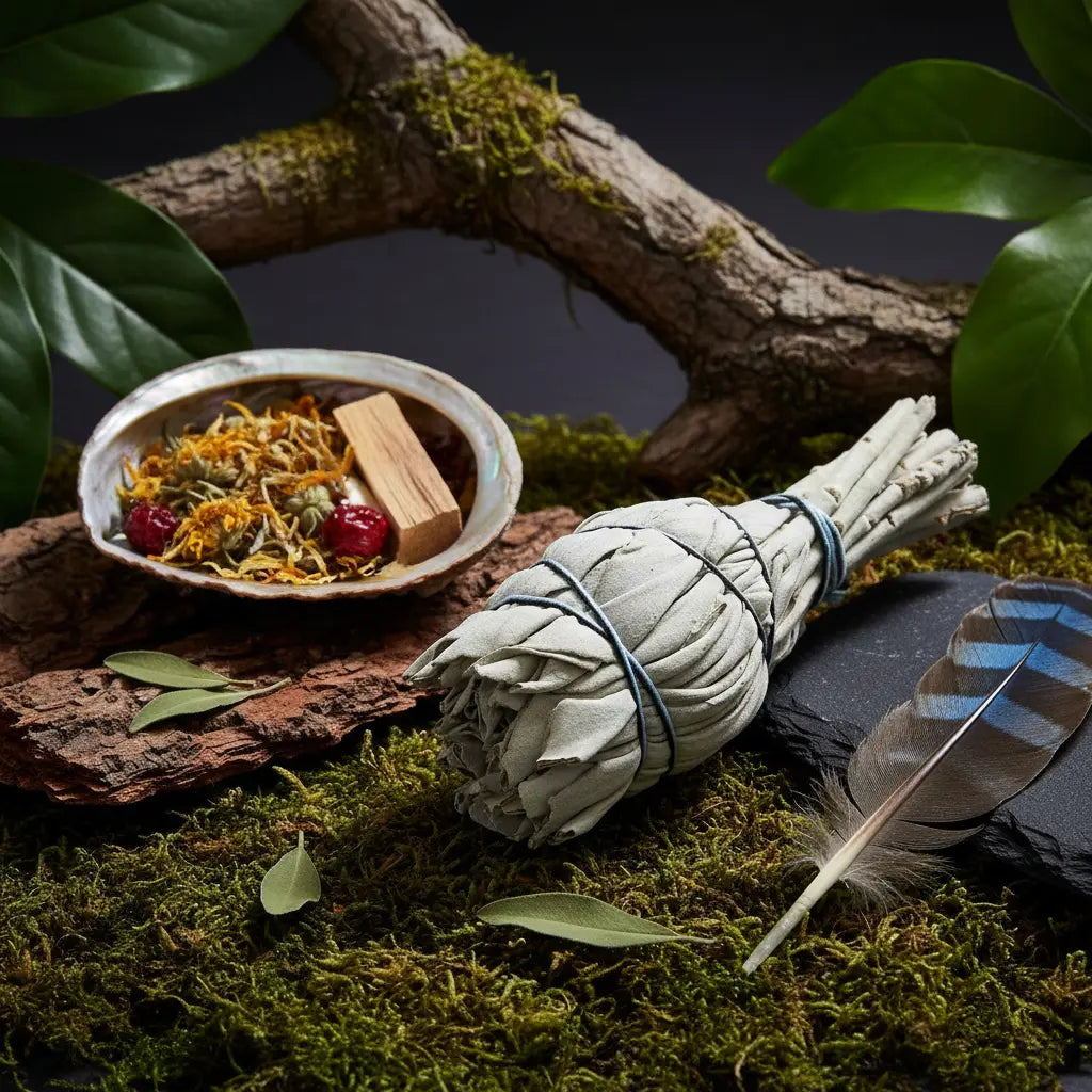 Bâton purificateur mini sauge blanche, petit fagot de feuilles gris pâle ficelées de bleu, posé sur mousse avec coquille rituelle et plume.