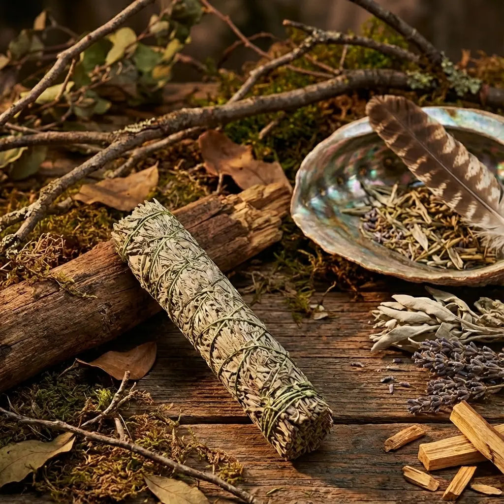Bâton de fumigation sauge et palo santo, herbes beige vert ficelées de vert, posé sur bois avec coquille d’ormeau, plume et éclats de bois.