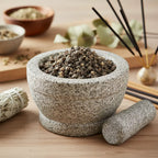 Grains de résine d'Encens Benjoin de Sumatra (gris-brun foncé) dans un mortier en granit gris avec pilon, entouré d'un bouquet de sauge blanche et de bâtonnets d'encens.
